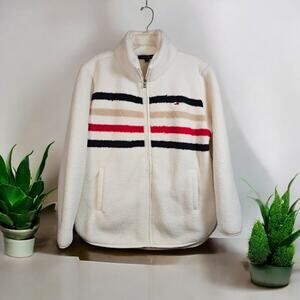 Tommy Hilfiger Striped Sherpa Zip Up Jacket Womens Large Cream White Ivory Plush